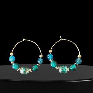 Avon Cyan Sea Quartz Bead Hoop Earrings